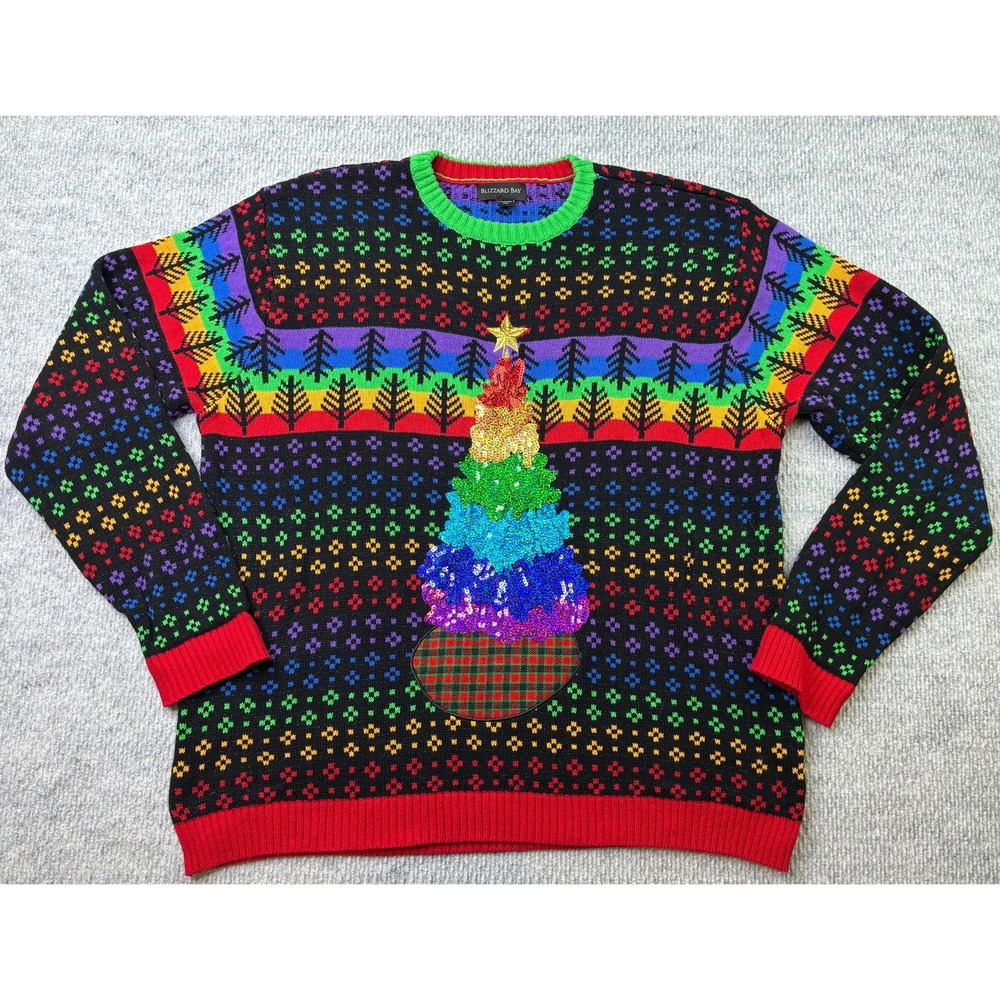 Blizzard Bay Rainbow Sequin Christmas Tree Ugly Sweater XL Cotton Fair Isle